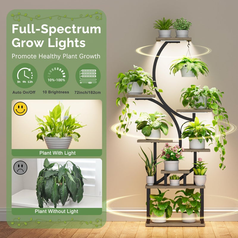 BACEKOLL Plant Stand Indoor with Grow Lights - 62" Tall Plant Shelf, Lighted Corner Plant Stands for Indoor Growing, 8 Tiered Large Flower Holder, S-Shaped Decorative Rack for Living Room, Patent Design, Grey - Image 3