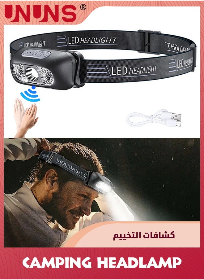 UNUNS مصباح أمامي بمستشعر LED، مصباح يدوي خارجي فائق السطوع للشحن عبر USB، مصابيح أمامية مريحة وخفيفة الوزن قابلة للإمالة 60 درجة مع 4 أوضاع، ضوء رأس مقاوم للماء لركوب الدراجات والصيد والتخييم والمشي لمسافات طويلة  - Image 1
