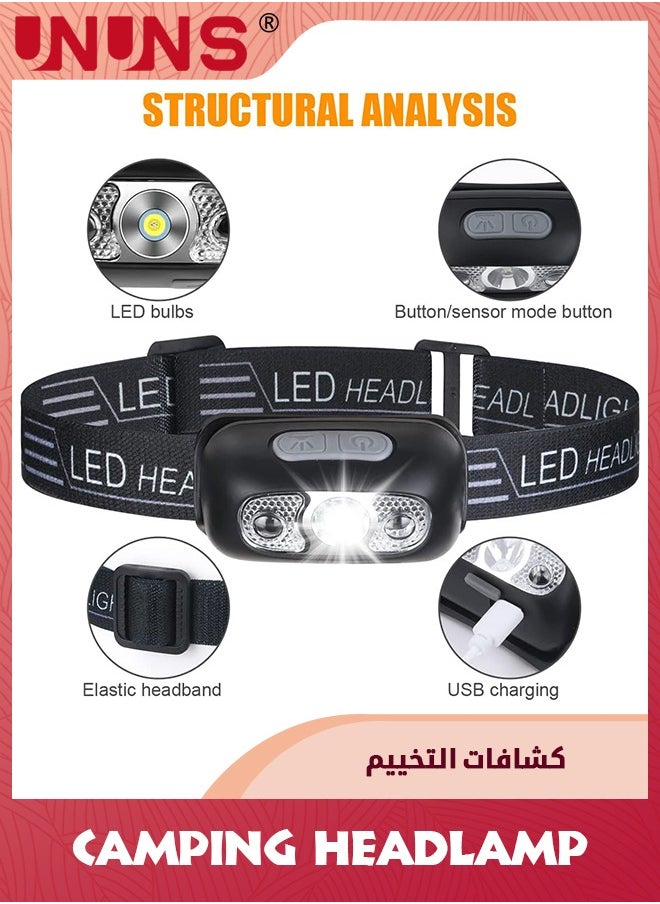 UNUNS مصباح أمامي بمستشعر LED، مصباح يدوي خارجي فائق السطوع للشحن عبر USB، مصابيح أمامية مريحة وخفيفة الوزن قابلة للإمالة 60 درجة مع 4 أوضاع، ضوء رأس مقاوم للماء لركوب الدراجات والصيد والتخييم والمشي لمسافات طويلة  - Image 2