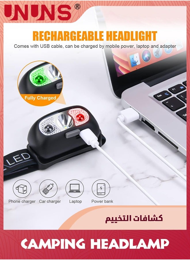 UNUNS مصباح أمامي بمستشعر LED، مصباح يدوي خارجي فائق السطوع للشحن عبر USB، مصابيح أمامية مريحة وخفيفة الوزن قابلة للإمالة 60 درجة مع 4 أوضاع، ضوء رأس مقاوم للماء لركوب الدراجات والصيد والتخييم والمشي لمسافات طويلة  - Image 4