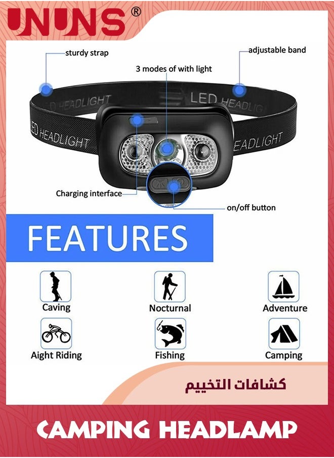 UNUNS مصباح أمامي بمستشعر LED، مصباح يدوي خارجي فائق السطوع للشحن عبر USB، مصابيح أمامية مريحة وخفيفة الوزن قابلة للإمالة 60 درجة مع 4 أوضاع، ضوء رأس مقاوم للماء لركوب الدراجات والصيد والتخييم والمشي لمسافات طويلة  - Image 5