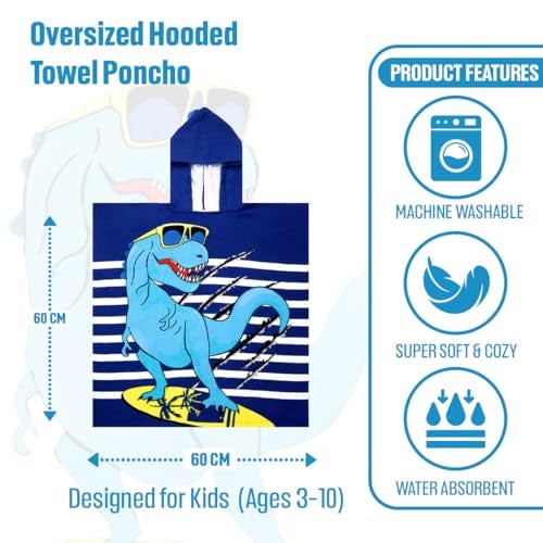 TONY STARK Poncho Towel for Kids, Beach Towel with Hoodie, 60x60cm Travel Towel for 1-7 Years Girls and Boys, Soft Microfiber Sleeved Poncho (Dino Surfer) - Image 2
