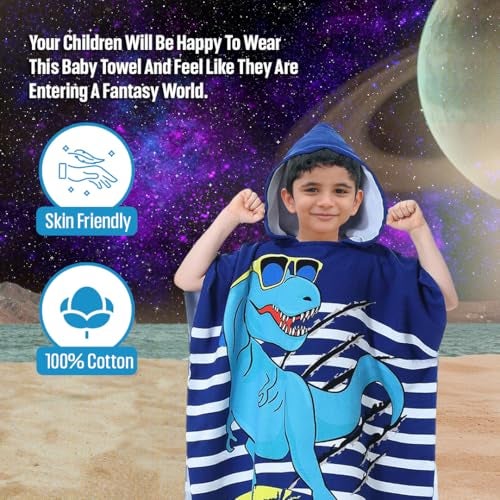 TONY STARK Poncho Towel for Kids, Beach Towel with Hoodie, 60x60cm Travel Towel for 1-7 Years Girls and Boys, Soft Microfiber Sleeved Poncho (Dino Surfer) - Image 4