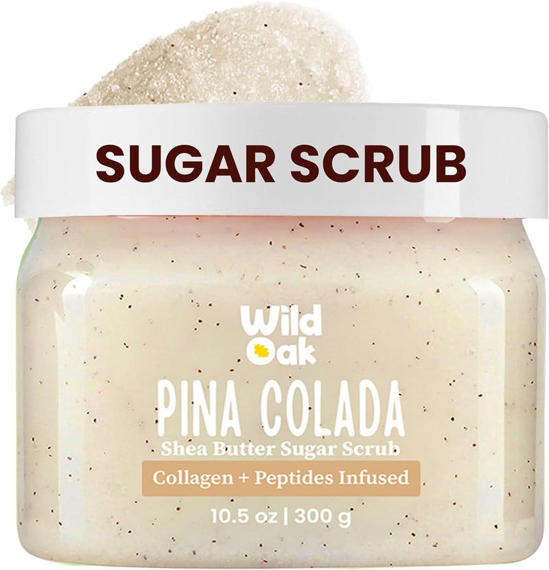 WILD OAK WildOak Pina Colada Shea Butter Sugar Scrub | 300gm | With Vegan Collagen & Peptides | Tan Removal & Smooth Skin | Removes Dead Skin | Ultra Hydrating, Exfoliating & Moisturising Sugar Body Scrub - Image 1