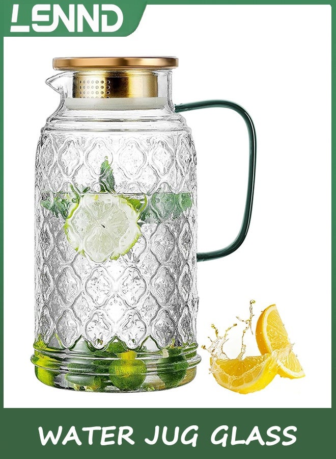 LENND Water Jug Glass Pitcher with Lid, 1.8L Water Glass for Cold Brew, Clear Borosilicate Glass Jug with Handle for Fridge, Jug for Iced Tea, Coffee, Borosilicate Glass Carafe for Hot/Cold - Image 1