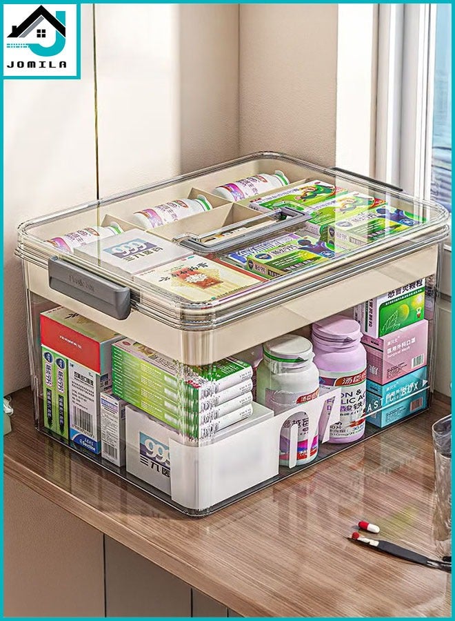 JOMILA Large Capacity Clear Medicine Storage Box with Handle and Sealed Lid, Waterproof Multi-Layer Design for Home and Office Essentials, Transparent Plastic Organizer for Pills, Vitamins, and Supplements, Pill Box for Purse  - Image 1