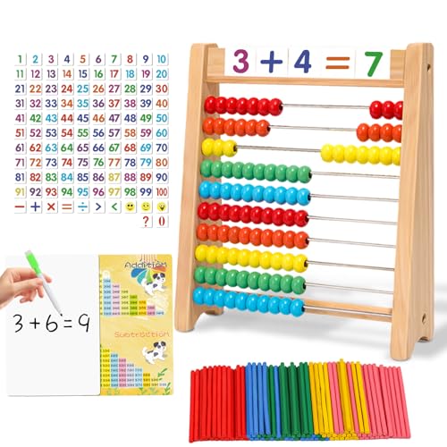 Ranqibo Wooden Abacus for Kids Math 10Row Counting Toy with 100 Beads Number Cards Counting Sticks Educational Counters for Kids Math Gift for Age 3 4 5 6 7 Year Old Boy Girl - Image 1