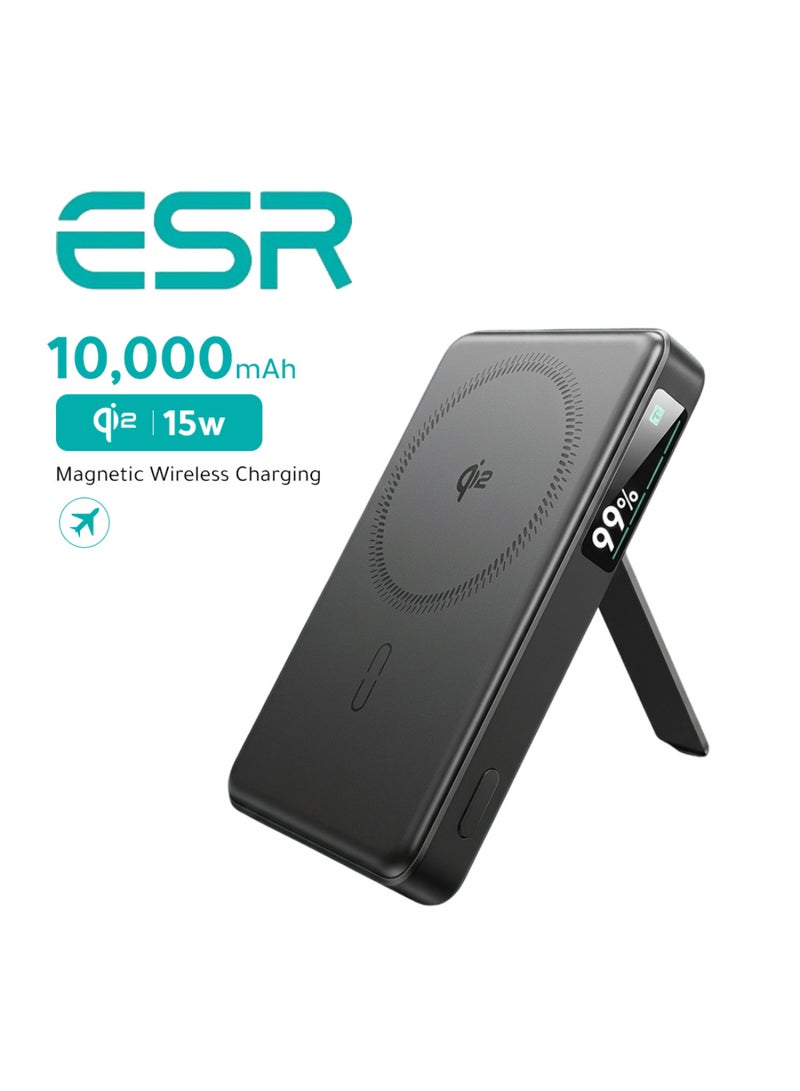 اي اس ار ESR بطارية شحن ماج سيف متنقلة 10000mAh (Qi2 معتمد) شحن سريع 15 واط، مع مسند قابل للطي، شاشة LED، شاحن MagSlim 27 واط، أسود 10000 mAh - Image 1