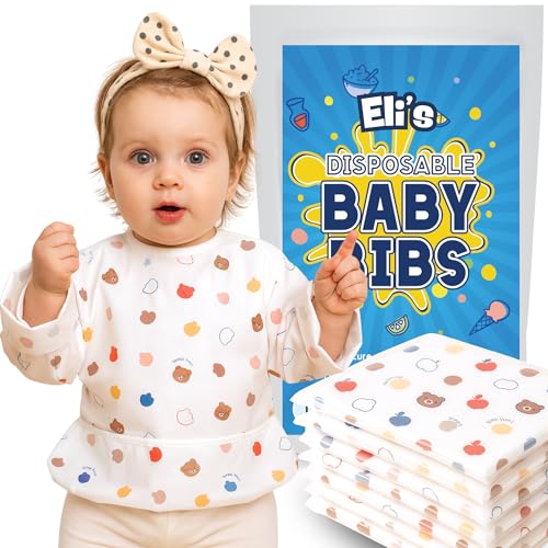 Eli with Love Disposable Bibs Individually Wrapped, Long Sleeve Bib with Crumb Catcher - Waterproof Baby Bibs For Feeding (10 pack) (Sleepy Bear) - Image 1