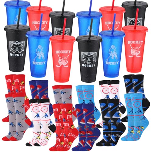 LemonRoad 24 Pcs Hockey Party Favors Include 12 Hockey Socks and 12 Plastic Tumblers with Lids and Straws Icehockey Birthday Party Decorations Water Bottle - Image 1