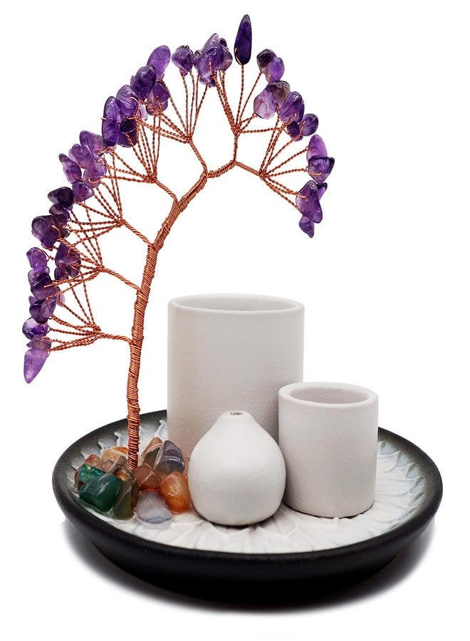 YIENENG 5 in 1 Incense Burner Holder with Crystal Tree for Burning Palo Santo Stick, Sage, Incense Sticks, Candle, Ceramic Tray Ash Catcher, Meditation Gift (Purple) - Image 1