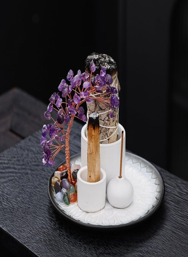 YIENENG 5 in 1 Incense Burner Holder with Crystal Tree for Burning Palo Santo Stick, Sage, Incense Sticks, Candle, Ceramic Tray Ash Catcher, Meditation Gift (Purple) - Image 2