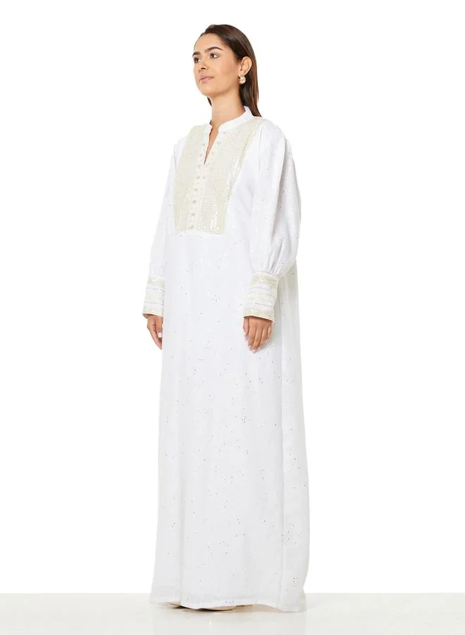 Thouq White A-Line Maxi Jalabiya with Sequin and Bead Embellishment