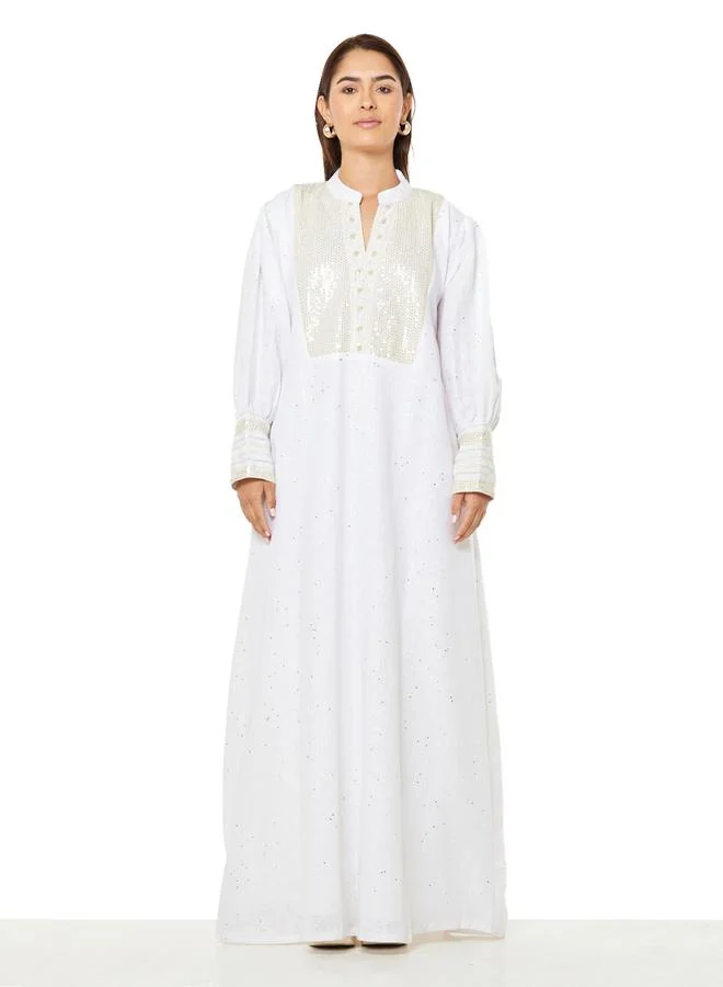Thouq White A-Line Maxi Jalabiya with Sequin and Bead Embellishment