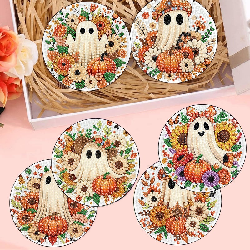 Meothan Fall Diamond Art Coasters Kits, 8 Pcs Halloween Ghost Diamond Painting Dots Coasters Kits Crafts for Aldults with Holder Anti-Slip Mat - Image 4
