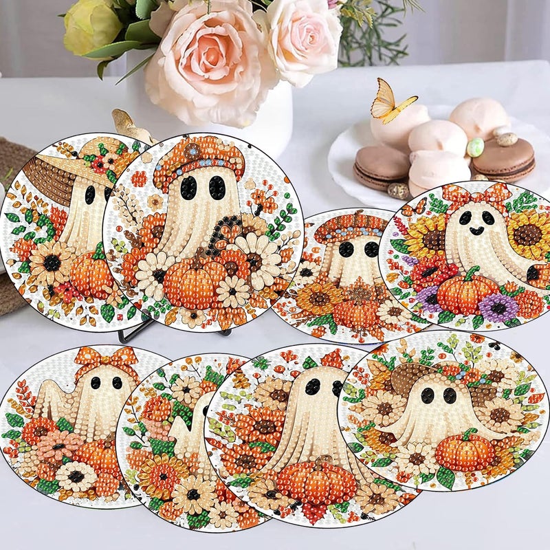 Meothan Fall Diamond Art Coasters Kits, 8 Pcs Halloween Ghost Diamond Painting Dots Coasters Kits Crafts for Aldults with Holder Anti-Slip Mat - Image 2