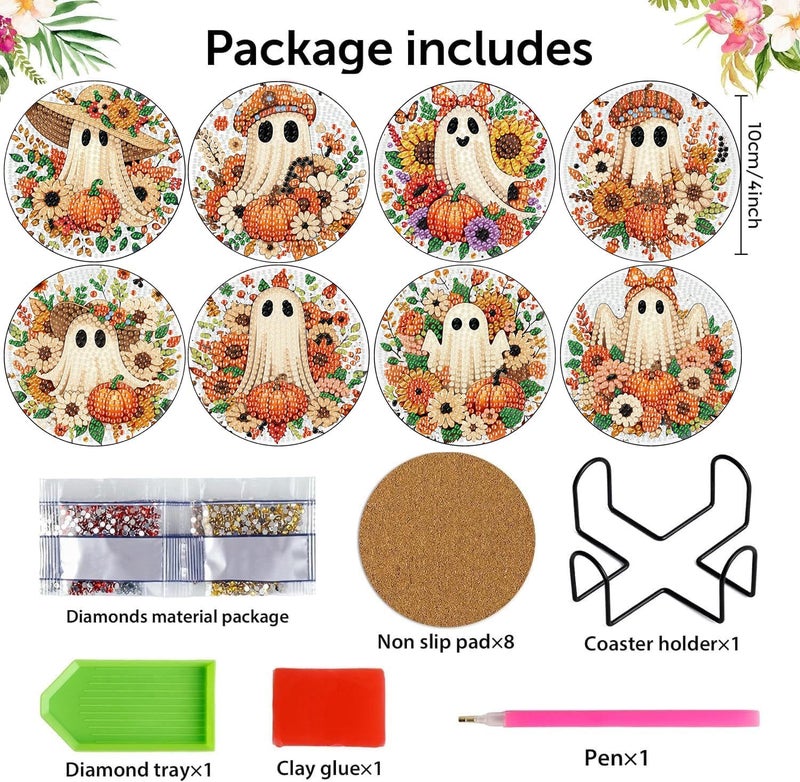 Meothan Fall Diamond Art Coasters Kits, 8 Pcs Halloween Ghost Diamond Painting Dots Coasters Kits Crafts for Aldults with Holder Anti-Slip Mat - Image 3