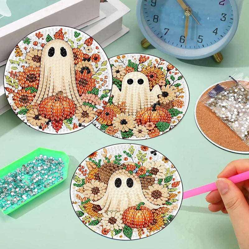 Meothan Fall Diamond Art Coasters Kits, 8 Pcs Halloween Ghost Diamond Painting Dots Coasters Kits Crafts for Aldults with Holder Anti-Slip Mat - Image 5