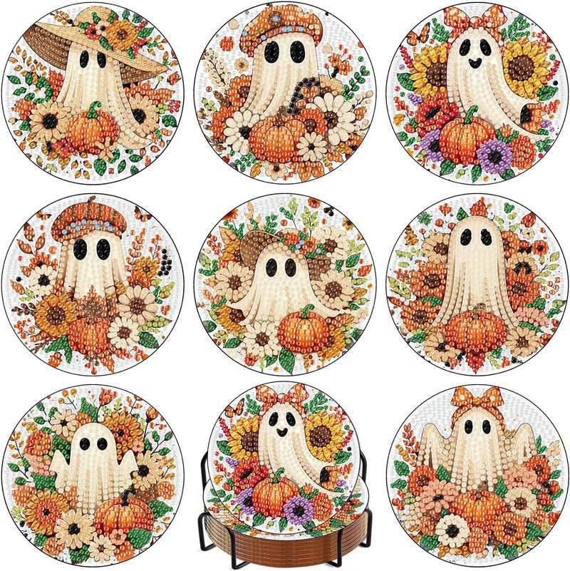 Meothan Fall Diamond Art Coasters Kits, 8 Pcs Halloween Ghost Diamond Painting Dots Coasters Kits Crafts for Aldults with Holder Anti-Slip Mat - Image 1