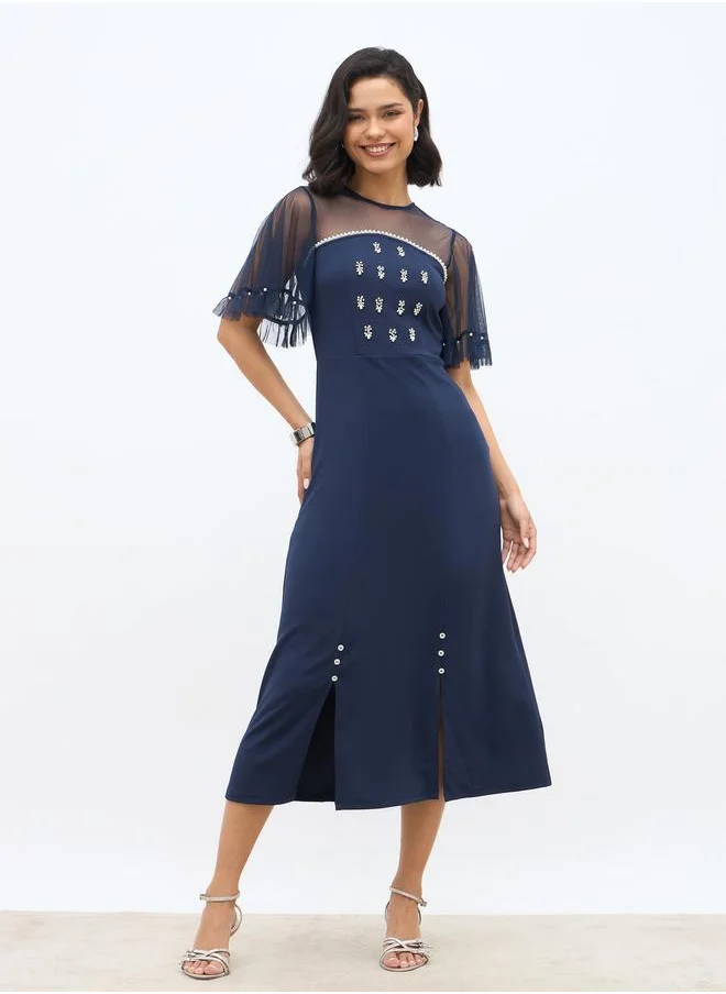 Styli Styli Embellished Mesh Insert A-Line Midi Dress