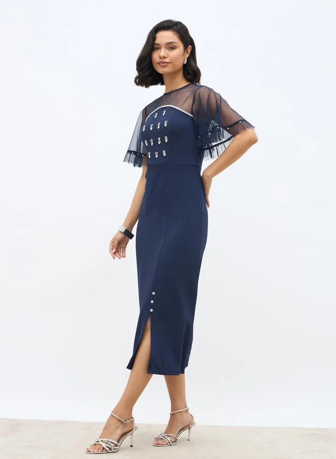 Styli Styli Embellished Mesh Insert A-Line Midi Dress
