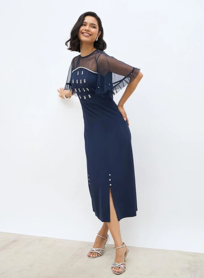 Styli Styli Embellished Mesh Insert A-Line Midi Dress