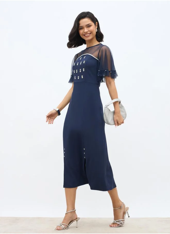 Styli Styli Embellished Mesh Insert A-Line Midi Dress