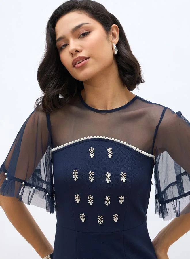 Styli Styli Embellished Mesh Insert A-Line Midi Dress