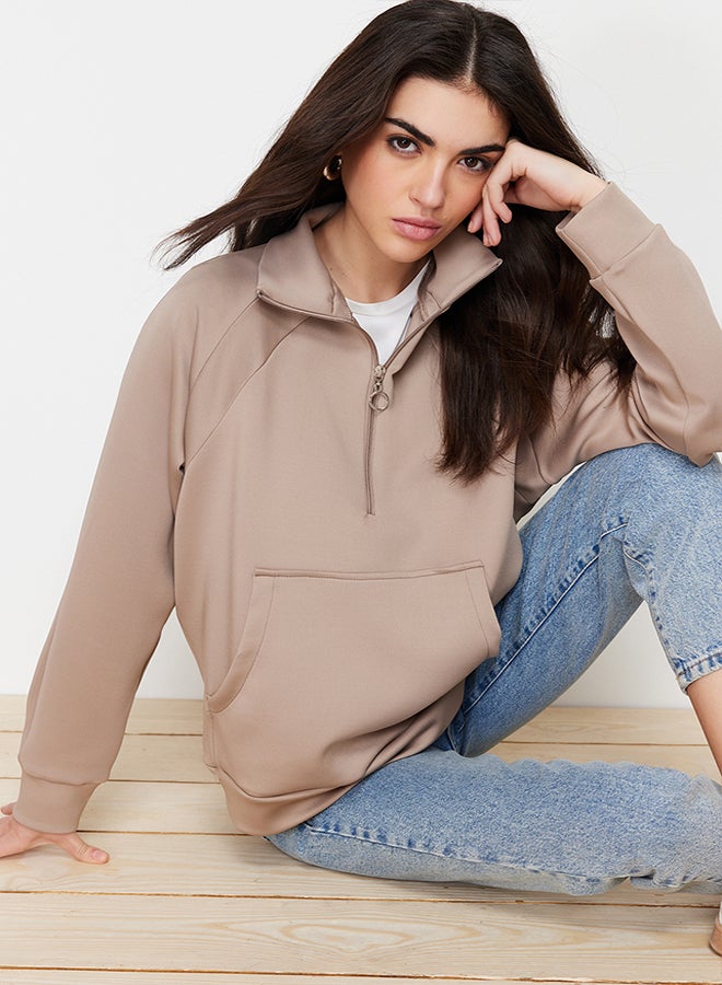 trendyol Mink Kangaroo Pocket Zipper Detail Scuba Knitted Sweatshirt TCTSS24TW00001 - Image 1