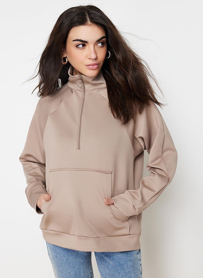 trendyol Mink Kangaroo Pocket Zipper Detail Scuba Knitted Sweatshirt TCTSS24TW00001 - Image 3