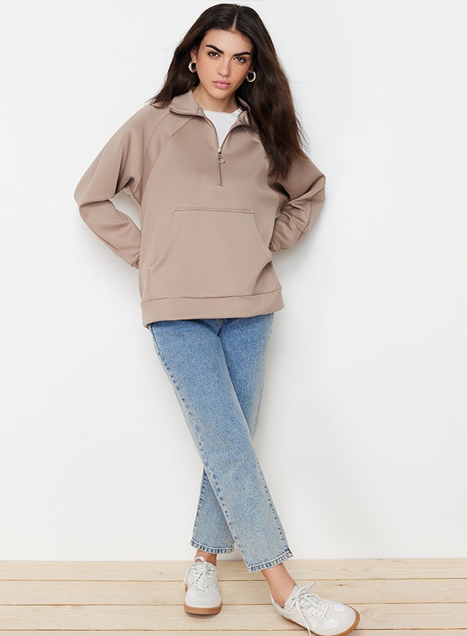 trendyol Mink Kangaroo Pocket Zipper Detail Scuba Knitted Sweatshirt TCTSS24TW00001 - Image 2