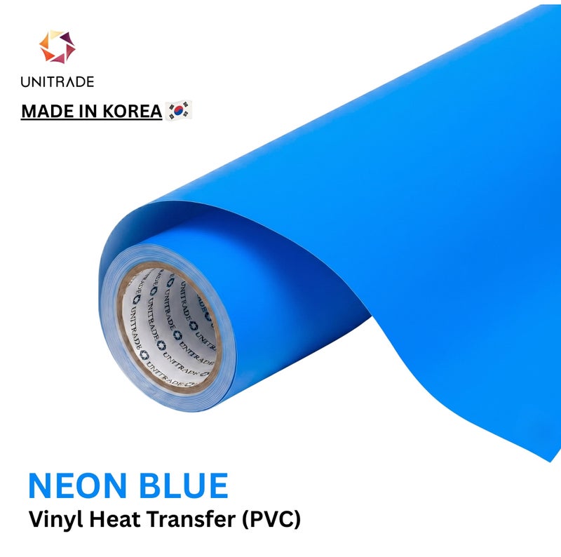 يونيترايد UNITRADE® رول فينيل نقل حراري Easy Cut (PVC) باللون الأزرق النيون / متوافق مع Cricut وSilhouette وآلات القص الاحترافية / معتمد CPSIA / صنع في كوريا - Image 1