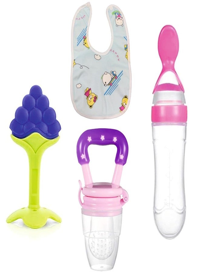 Miracle Moms Fruit Feeder 1pc, Silicone Baby Food Dispensing Spoon 90ML 1pc, Fruit Shape Teether 1pc and Baby bib 1pc (Combo of 4) - Image 1