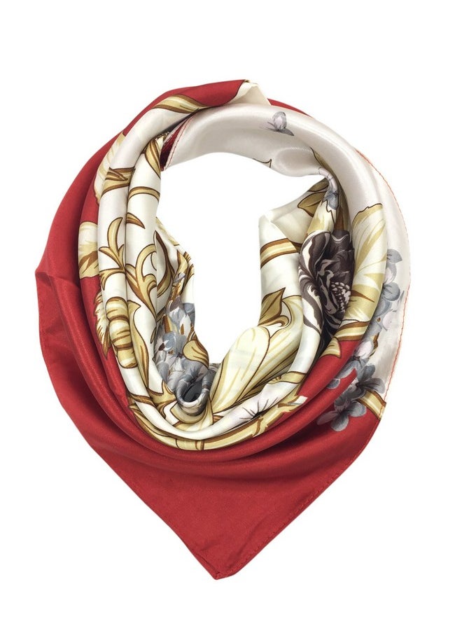 YOUR SMILE - Silk Feeling Scarf Women'S Fashion Pattern Red Gold Flower Large Square Satin Headscarf (306) - Image 1