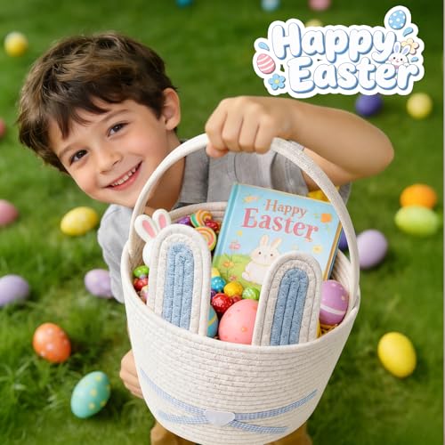 HAIMST Easter Basket Woven Easter Bunny Basket with Handle Empty Gift Baskets Easter Egg Hunt Basket First Easter Basket Easter Bucket with Detachable Ears for Girls Boys Teens Blue White - Image 3