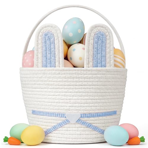 HAIMST Easter Basket Woven Easter Bunny Basket with Handle Empty Gift Baskets Easter Egg Hunt Basket First Easter Basket Easter Bucket with Detachable Ears for Girls Boys Teens Blue White - Image 1