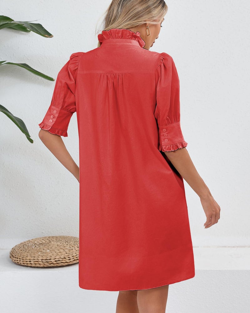 YEXPINE Women's Puff Short Sleeve Stand Ruffle Collar Summer Dress Casual A Line Shift Mini Dress with Pockets Red - Image 4