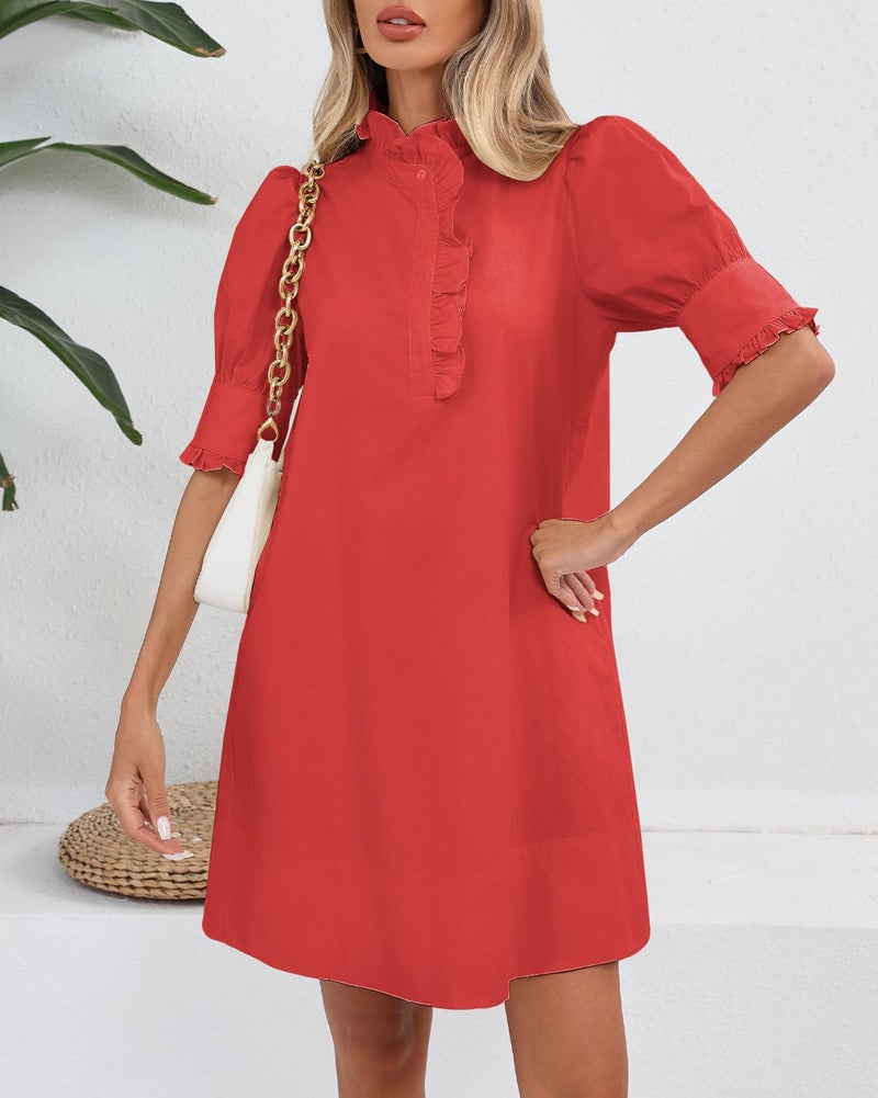 YEXPINE Women's Puff Short Sleeve Stand Ruffle Collar Summer Dress Casual A Line Shift Mini Dress with Pockets Red - Image 2