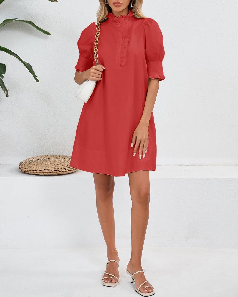 YEXPINE Women's Puff Short Sleeve Stand Ruffle Collar Summer Dress Casual A Line Shift Mini Dress with Pockets Red - Image 3