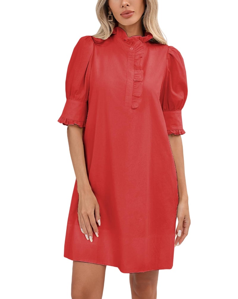 YEXPINE Women's Puff Short Sleeve Stand Ruffle Collar Summer Dress Casual A Line Shift Mini Dress with Pockets Red - Image 1