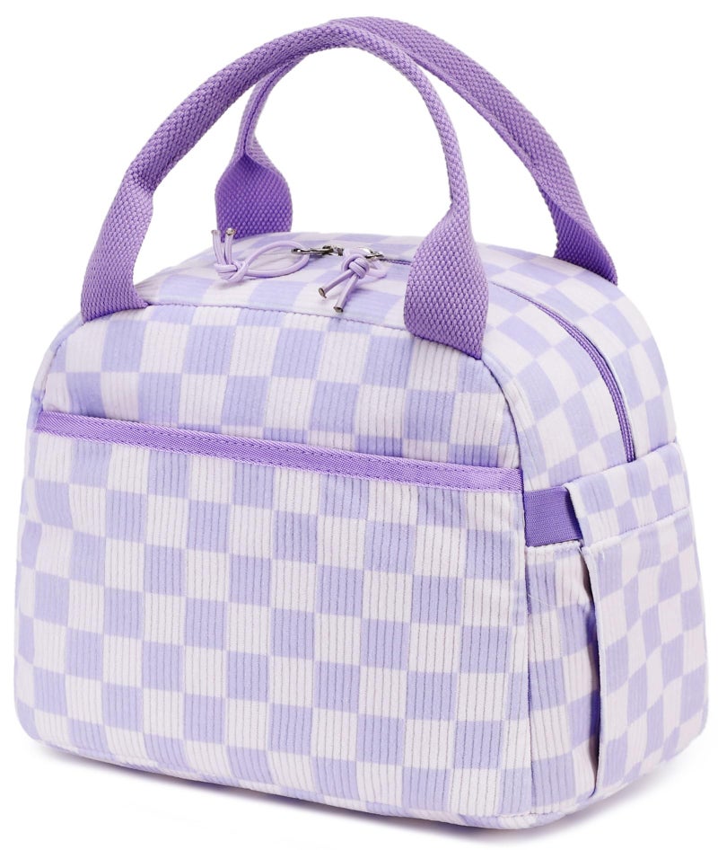 Bluboon Lunch Bag for Women Men Cute Corduroy Lunch Tote Bags Reusable Insulated Lunch Box Large Capacity Reusable Insulated Cooler for Work Picnic or Travel Corduroy checkered purple