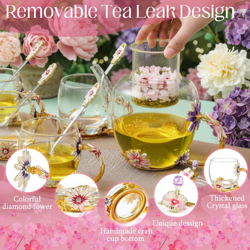 Maxdot 5 Pcs Floral Glass Tea Set for Adults Tea Party, 51 oz Vintage Flower Teapot with Infuser, 4 Daisy Enamel Cups 11 oz with Spoon Valentine's Day Gifts for Women Mother Grandma Girlfriend Sister - Image 5