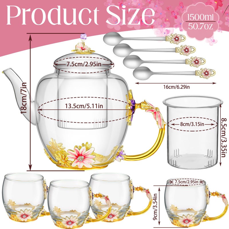 Maxdot 5 Pcs Floral Glass Tea Set for Adults Tea Party, 51 oz Vintage Flower Teapot with Infuser, 4 Daisy Enamel Cups 11 oz with Spoon Valentine's Day Gifts for Women Mother Grandma Girlfriend Sister - Image 2