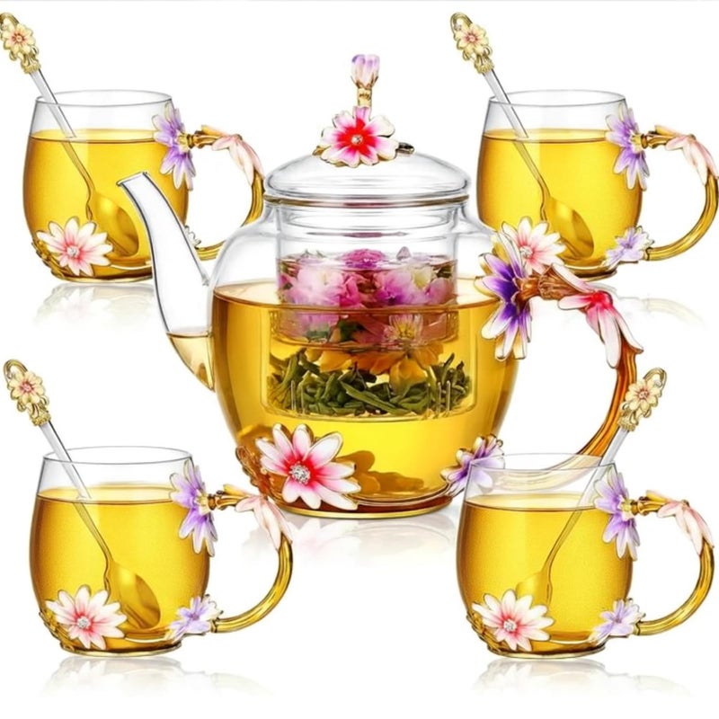 Maxdot 5 Pcs Floral Glass Tea Set for Adults Tea Party, 51 oz Vintage Flower Teapot with Infuser, 4 Daisy Enamel Cups 11 oz with Spoon Valentine's Day Gifts for Women Mother Grandma Girlfriend Sister - Image 1