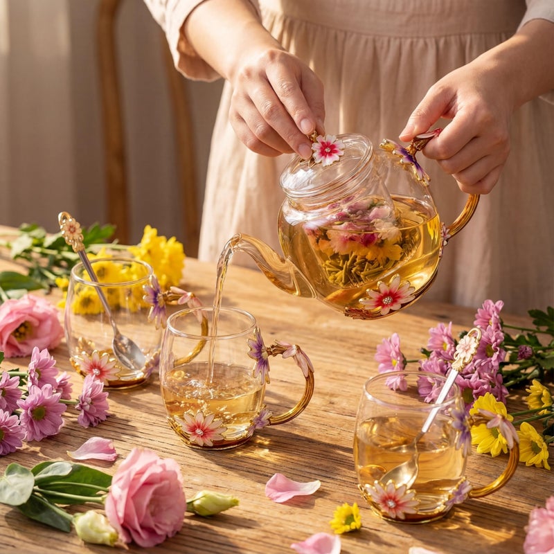 Maxdot 5 Pcs Floral Glass Tea Set for Adults Tea Party, 51 oz Vintage Flower Teapot with Infuser, 4 Daisy Enamel Cups 11 oz with Spoon Valentine's Day Gifts for Women Mother Grandma Girlfriend Sister - Image 4