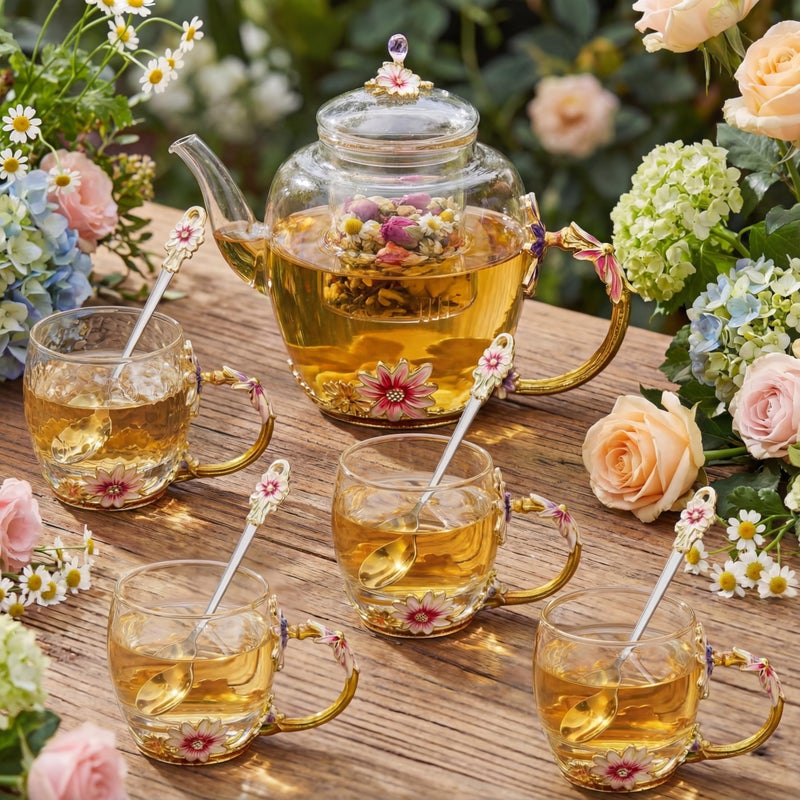 Maxdot 5 Pcs Floral Glass Tea Set for Adults Tea Party, 51 oz Vintage Flower Teapot with Infuser, 4 Daisy Enamel Cups 11 oz with Spoon Valentine's Day Gifts for Women Mother Grandma Girlfriend Sister - Image 3