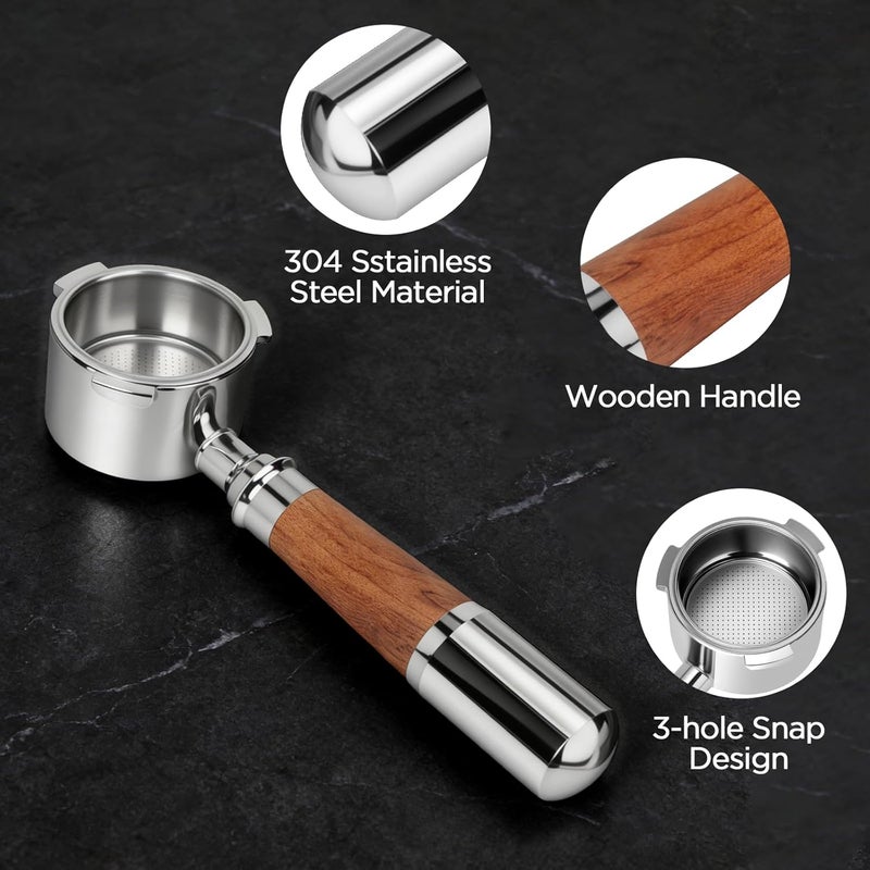 ROMON Bottomless Portafilter 51 mm, Compatible with DeLonghi Dedica EC680/EC685/EC885/EC890, 3 Ears Portafilter Made of 304 Stainless Steel with Wooden Handle and Filter - Image 4