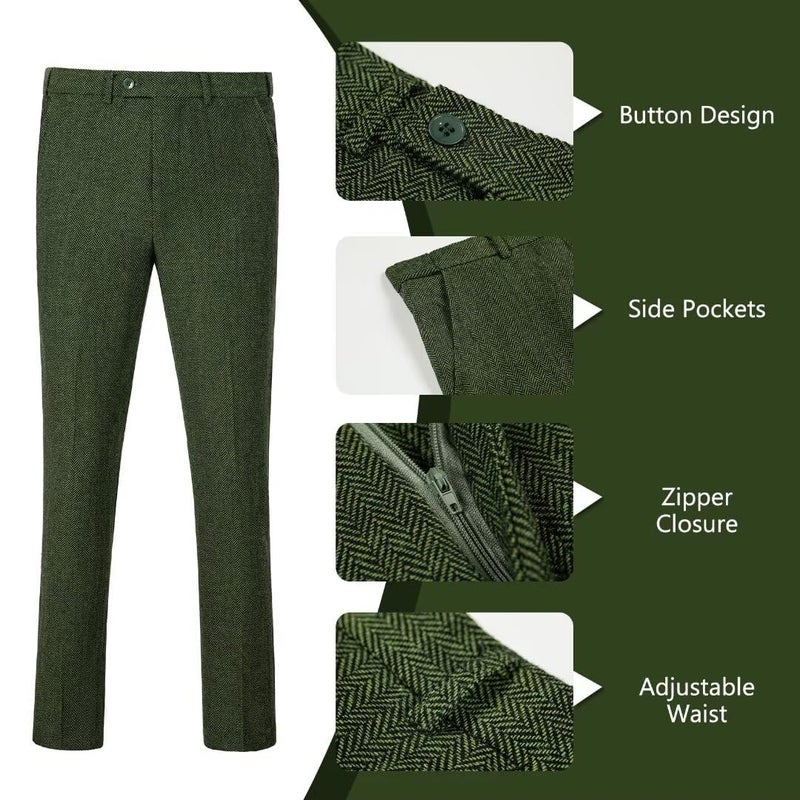 BOFAN Retro Mens 2 Pieces Tweed Herringbone Suit 2 Bottons Blazer Business Wedding Jacket Pants Tuxedo Set Green 3XL - Image 3