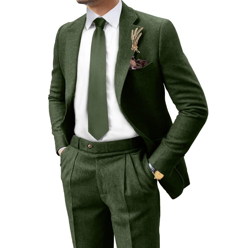 BOFAN Retro Mens 2 Pieces Tweed Herringbone Suit 2 Bottons Blazer Business Wedding Jacket Pants Tuxedo Set Green 3XL - Image 1