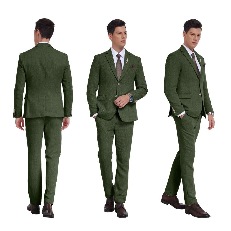 BOFAN Retro Mens 2 Pieces Tweed Herringbone Suit 2 Bottons Blazer Business Wedding Jacket Pants Tuxedo Set Green 3XL - Image 4